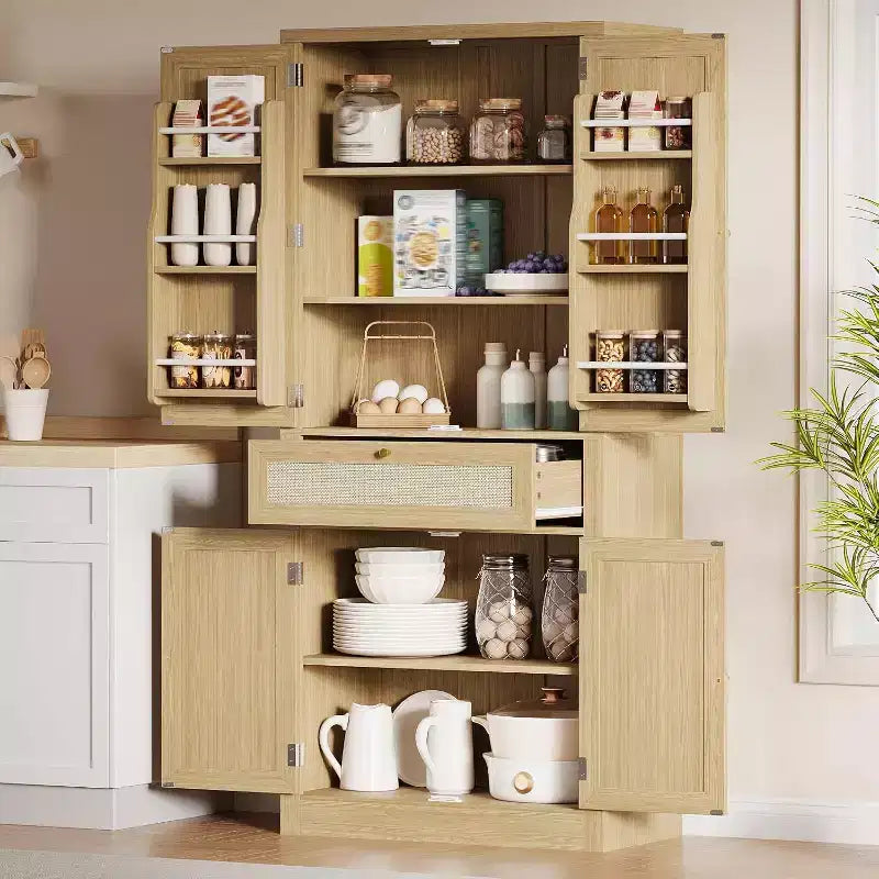 Garde-manger de cuisine en rotin de 72 pouces de haut avec tiroir et étagères réglables, armoire de rangement de style rustique pour cuisine, salle à manger ou salle de bains