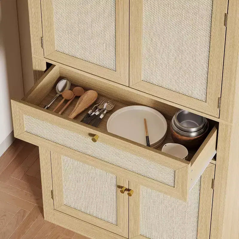 Garde-manger de cuisine en rotin de 72 pouces de haut avec tiroir et étagères réglables, armoire de rangement de style rustique pour cuisine, salle à manger ou salle de bains