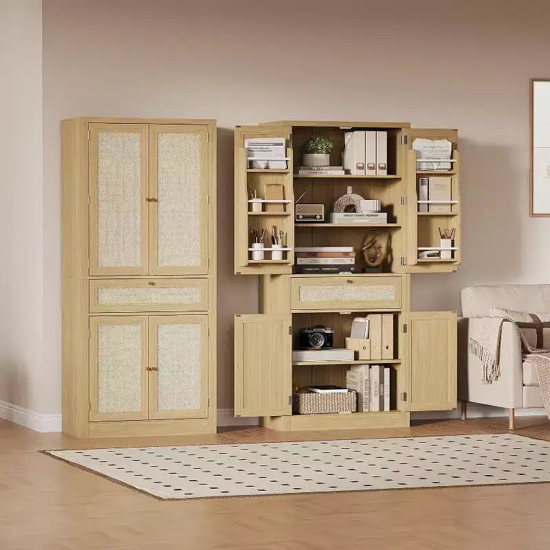 Garde-manger de cuisine en rotin de 72 pouces de haut avec tiroir et étagères réglables, armoire de rangement de style rustique pour cuisine, salle à manger ou salle de bains