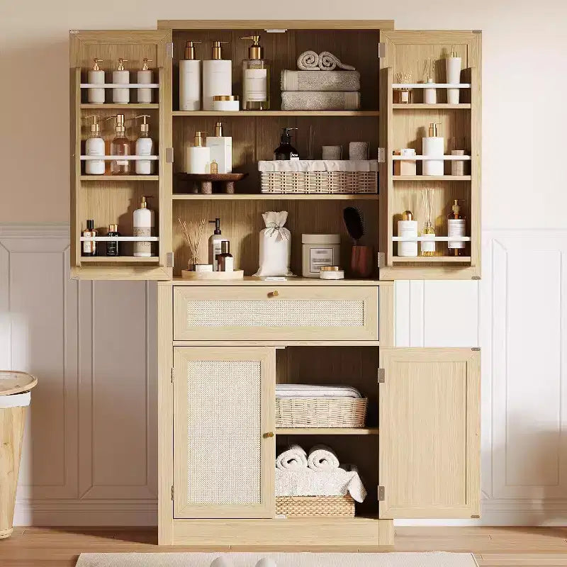 Garde-manger de cuisine en rotin de 72 pouces de haut avec tiroir et étagères réglables, armoire de rangement de style rustique pour cuisine, salle à manger ou salle de bains
