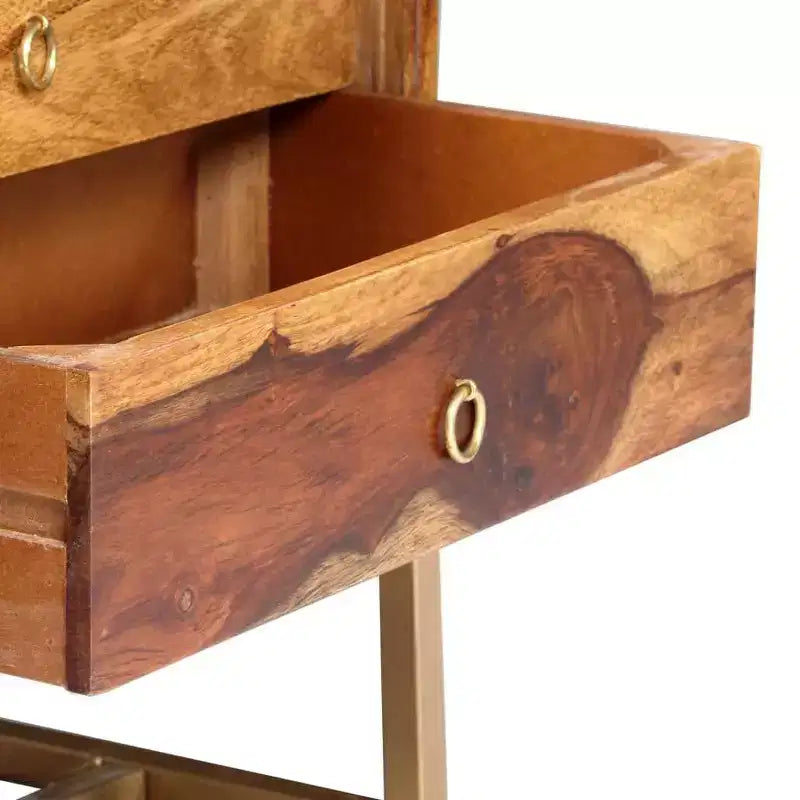 Meuble TV en bois massif de sheesham brun, fer thermolaqué couleur laiton