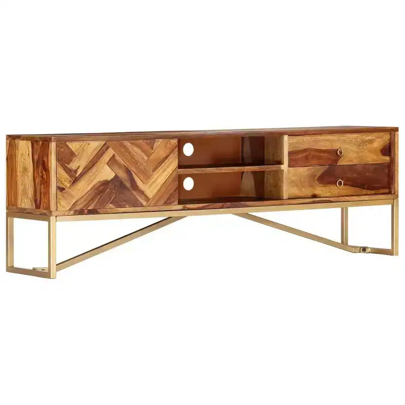 Meuble TV en bois massif de sheesham brun, fer thermolaqué couleur laiton