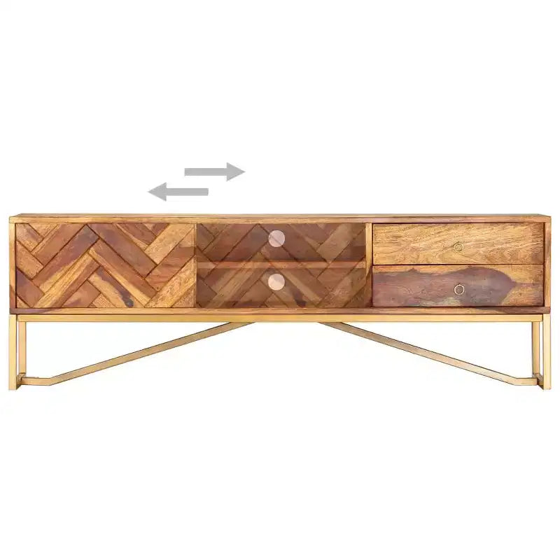 Meuble TV en bois massif de sheesham brun, fer thermolaqué couleur laiton