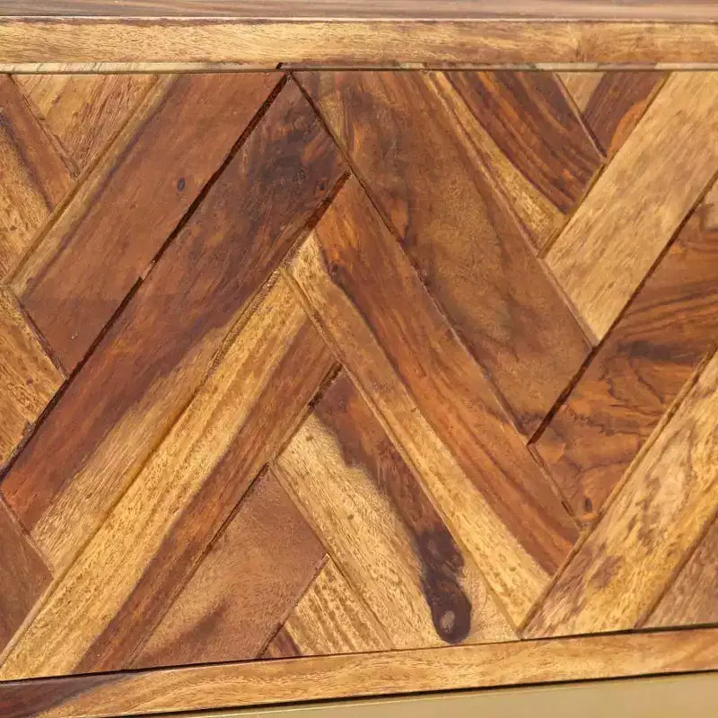 Meuble TV en bois massif de sheesham brun, fer thermolaqué couleur laiton
