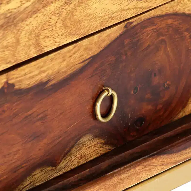 Meuble TV en bois massif de sheesham brun, fer thermolaqué couleur laiton