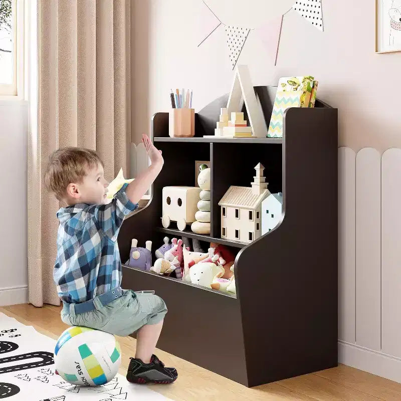 Rangement à jouets pour enfants à 3 niveaux, bibliothèque avec 5 compartiments, étagère pour jouets et livres pour chambre, salle de jeux ou classe, marron