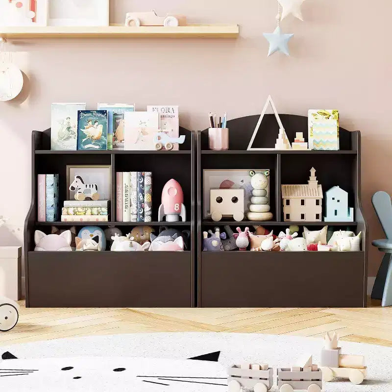 Rangement à jouets pour enfants à 3 niveaux, bibliothèque avec 5 compartiments, étagère pour jouets et livres pour chambre, salle de jeux ou classe, marron