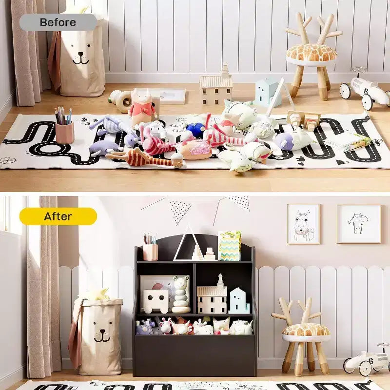 Rangement à jouets pour enfants à 3 niveaux, bibliothèque avec 5 compartiments, étagère pour jouets et livres pour chambre, salle de jeux ou classe, marron