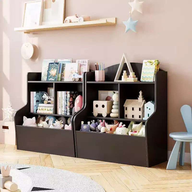 Rangement à jouets pour enfants à 3 niveaux, bibliothèque avec 5 compartiments, étagère pour jouets et livres pour chambre, salle de jeux ou classe, marron
