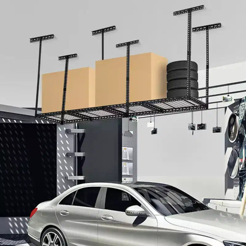 Deckenregal zur Garagenaufbewahrung, Stahlregale für die Decke, höhenverstellbar von 22-40 Zoll, platzsparend für Dachboden, Keller und Schuppen (4/6 Pfosten)