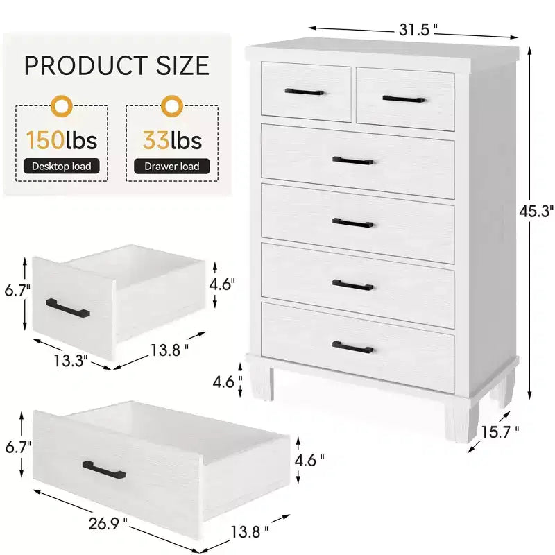 Cómoda para dormitorio con 6 cajones, cómoda alta gris de 45 con espacio de almacenamiento, cómoda con cajones grandes para armario, gabinete de madera para recibidor