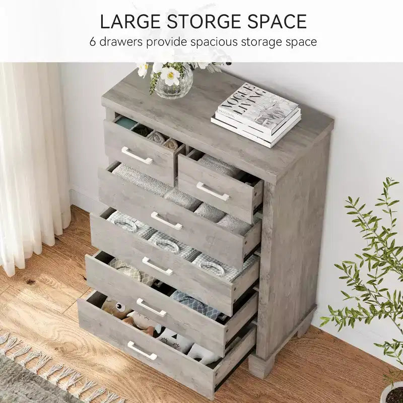 Commode de chambre avec 6 tiroirs, grand chiffonnier gris de 45 avec rangement, commode à grand tiroir pour placard, meuble de rangement en bois pour entrée