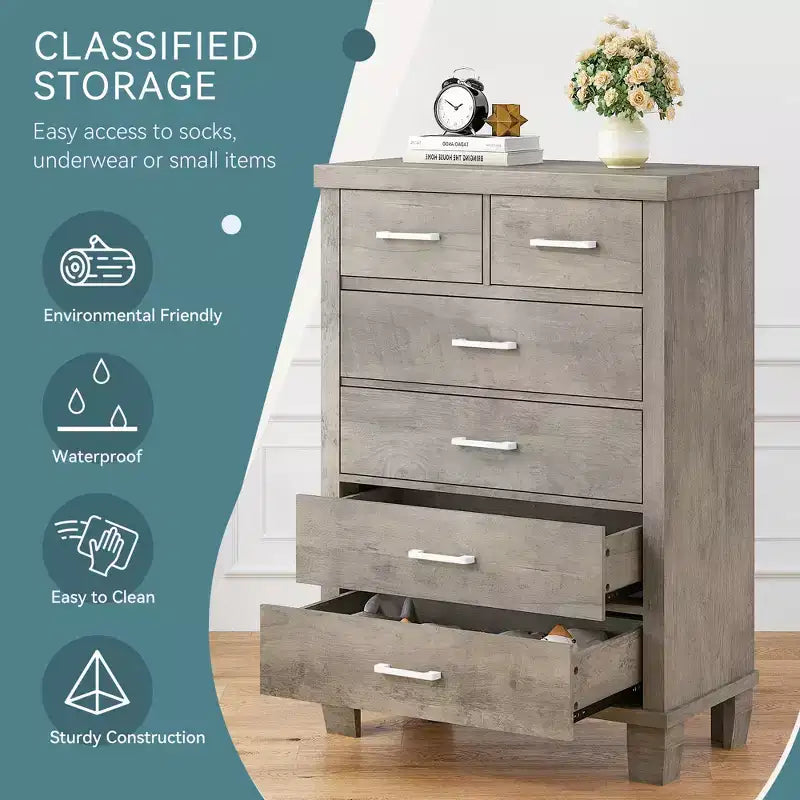 Cómoda para dormitorio con 6 cajones, cómoda alta gris de 45 con espacio de almacenamiento, cómoda con cajones grandes para armario, gabinete de madera para recibidor