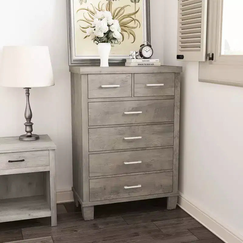 Commode de chambre avec 6 tiroirs, grand chiffonnier gris de 45 avec rangement, commode à grand tiroir pour placard, meuble de rangement en bois pour entrée