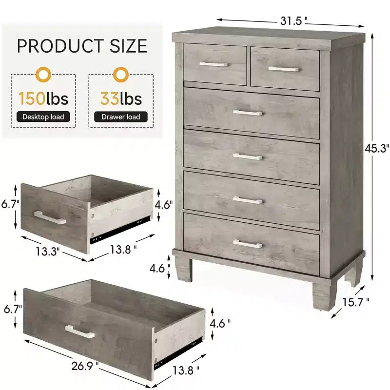 Cómoda para dormitorio con 6 cajones, cómoda alta gris de 45 con espacio de almacenamiento, cómoda con cajones grandes para armario, gabinete de madera para recibidor