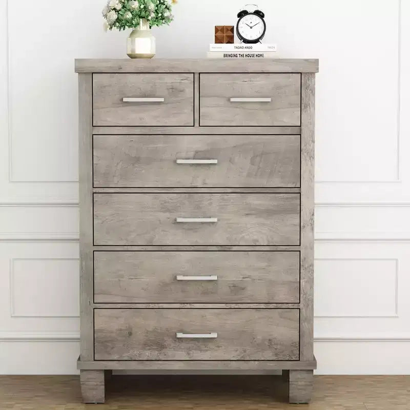 Commode de chambre avec 6 tiroirs, grand chiffonnier gris de 45 avec rangement, commode à grand tiroir pour placard, meuble de rangement en bois pour entrée