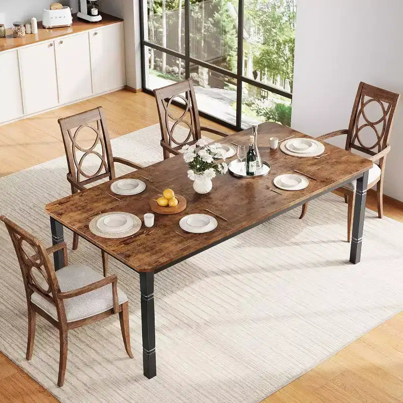 Table de salle à manger champêtre de 78,7 pour 6 à 8 personnes - table de cuisine industrielle avec cadre en métal et coins chanfreinés, pour salle à manger et petits espaces