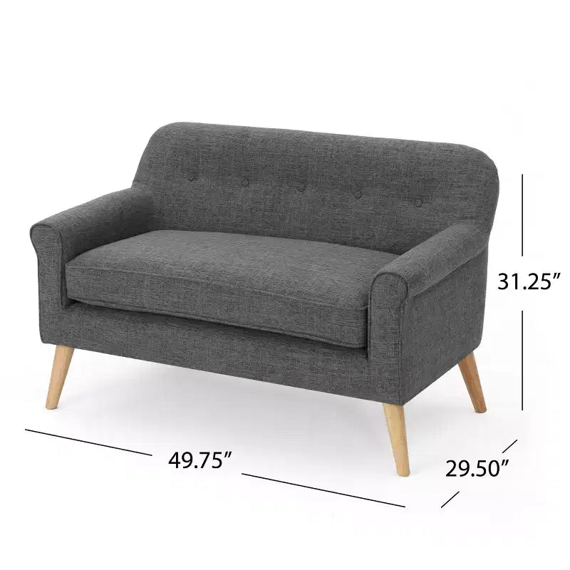 Causeuse moderne du milieu du siècle capitonnée, avec accoudoirs arrondis et pieds évasés en hévéa