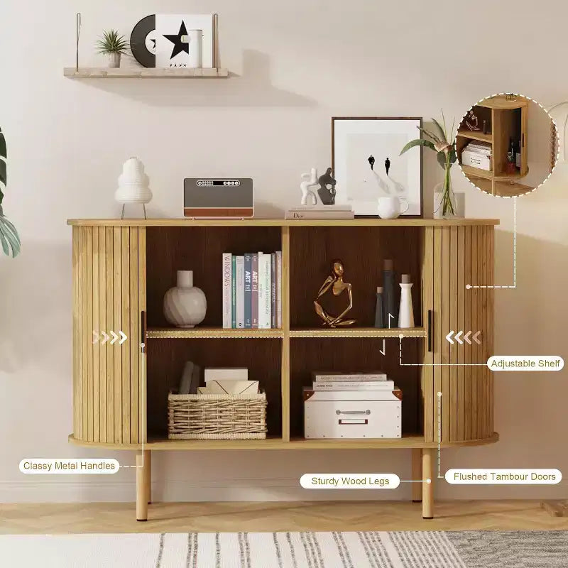 Aparador estriado de 47 con puertas corredizas, moderno armario de almacenamiento de madera con estantes ajustables para sala de estar, cocina y comedor