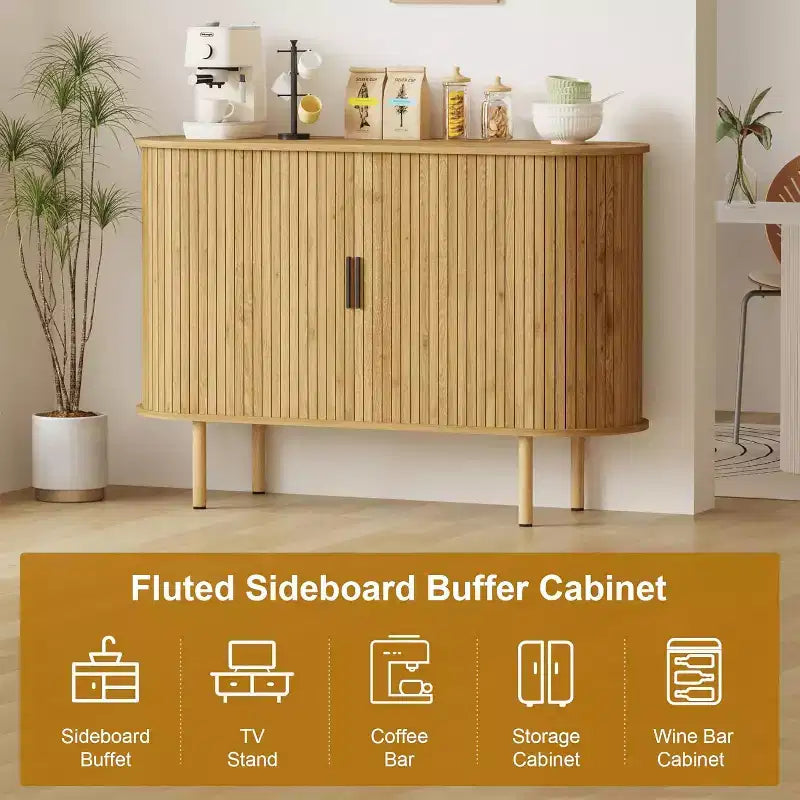 Aparador estriado de 47 con puertas corredizas, moderno armario de almacenamiento de madera con estantes ajustables para sala de estar, cocina y comedor