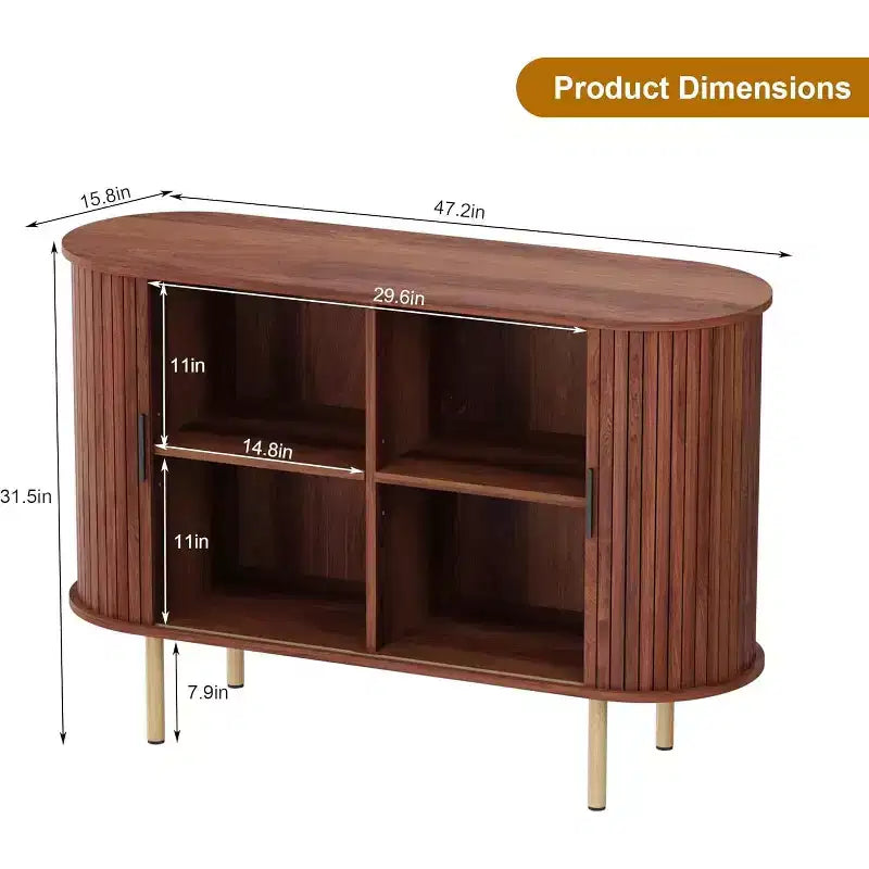 Buffet cannelé de 47 avec portes coulissantes, meuble de rangement moderne en bois avec étagères réglables, pour salon, cuisine ou salle à manger