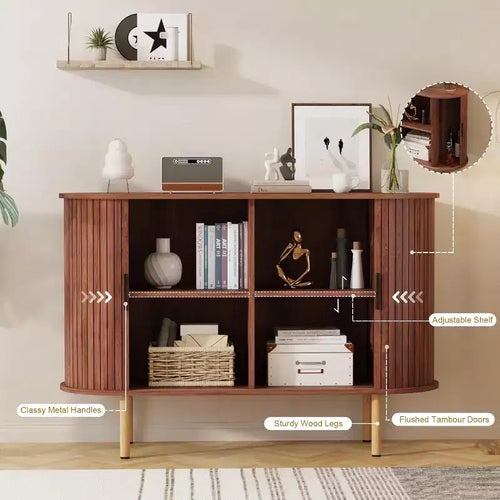Sideboardschrank mit Rillenfronten und Schiebetüren, 47, moderner Holzschrank mit verstellbaren Einlegeböden für Wohnzimmer, Küche oder Esszimmer
