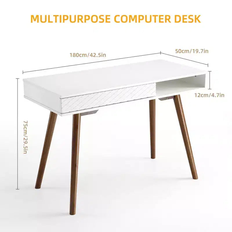Escritorio para computadora de 43 pulgadas, mesa pequeña para oficina y escritura - escritorio de trabajo moderno y sencillo con cajón y compartimento de almacenamiento abierto, blanco, para dormitorio en casa