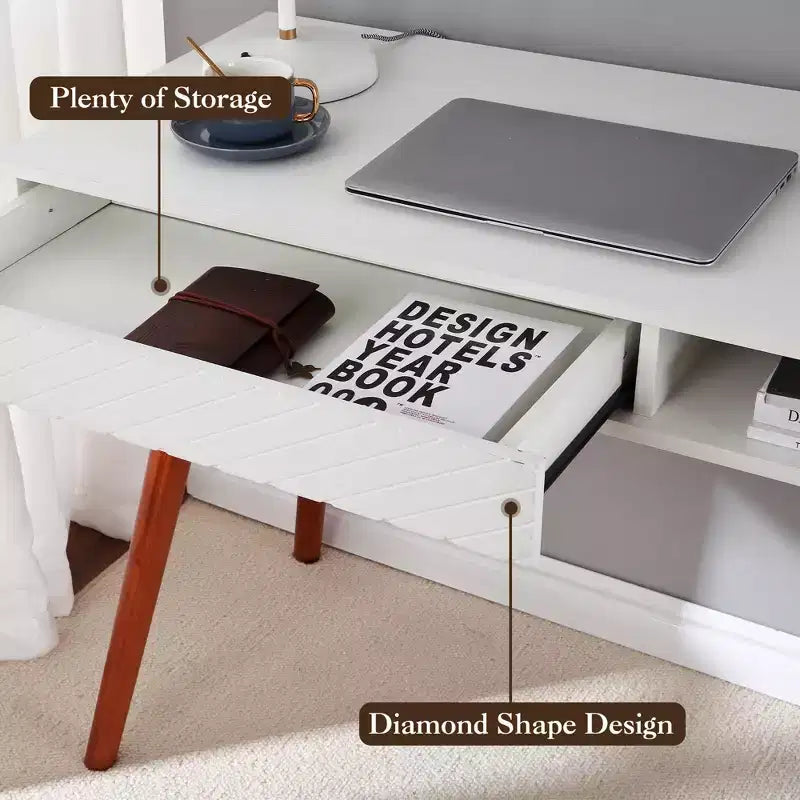 Escritorio para computadora de 43 pulgadas, mesa pequeña para oficina y escritura - escritorio de trabajo moderno y sencillo con cajón y compartimento de almacenamiento abierto, blanco, para dormitorio en casa