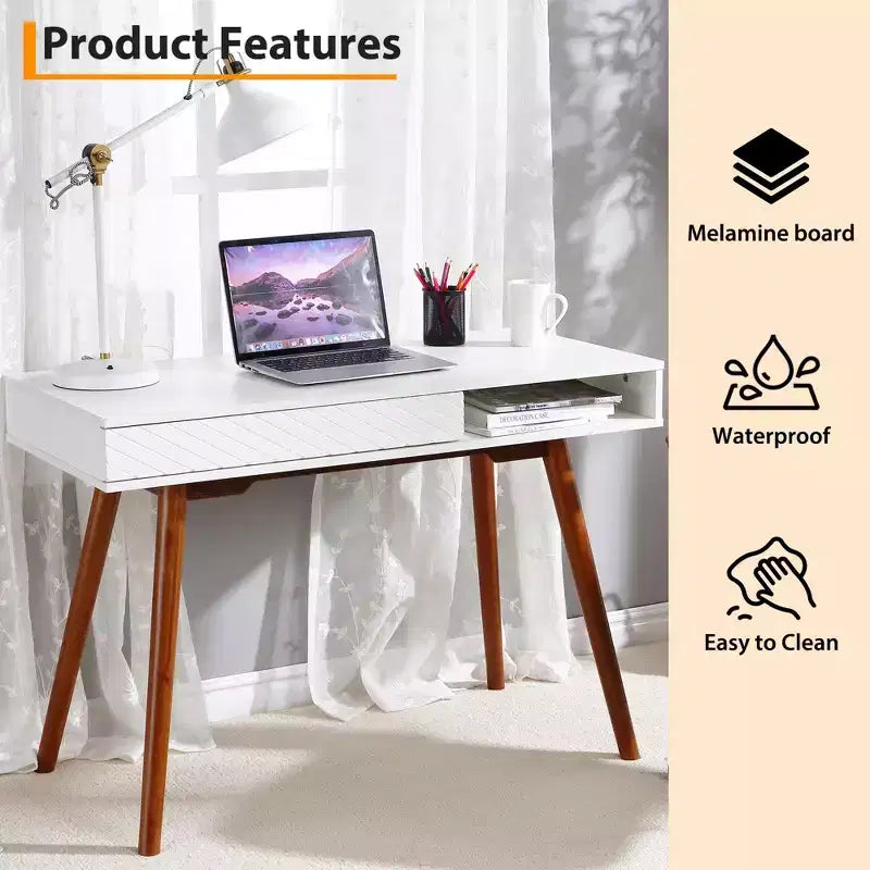 Escritorio para computadora de 43 pulgadas, mesa pequeña para oficina y escritura - escritorio de trabajo moderno y sencillo con cajón y compartimento de almacenamiento abierto, blanco, para dormitorio en casa