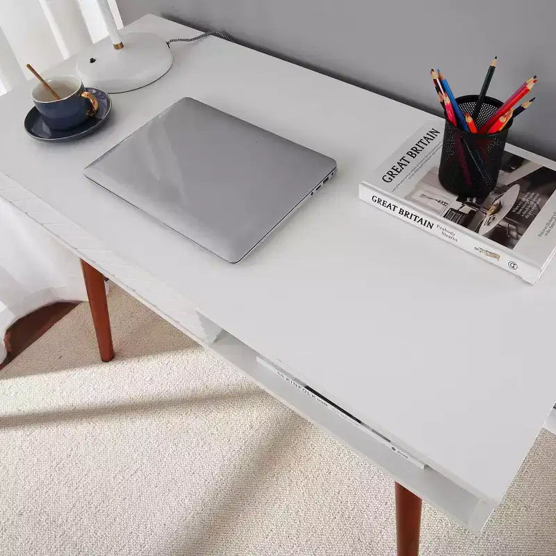 Escritorio para computadora de 43 pulgadas, mesa pequeña para oficina y escritura - escritorio de trabajo moderno y sencillo con cajón y compartimento de almacenamiento abierto, blanco, para dormitorio en casa