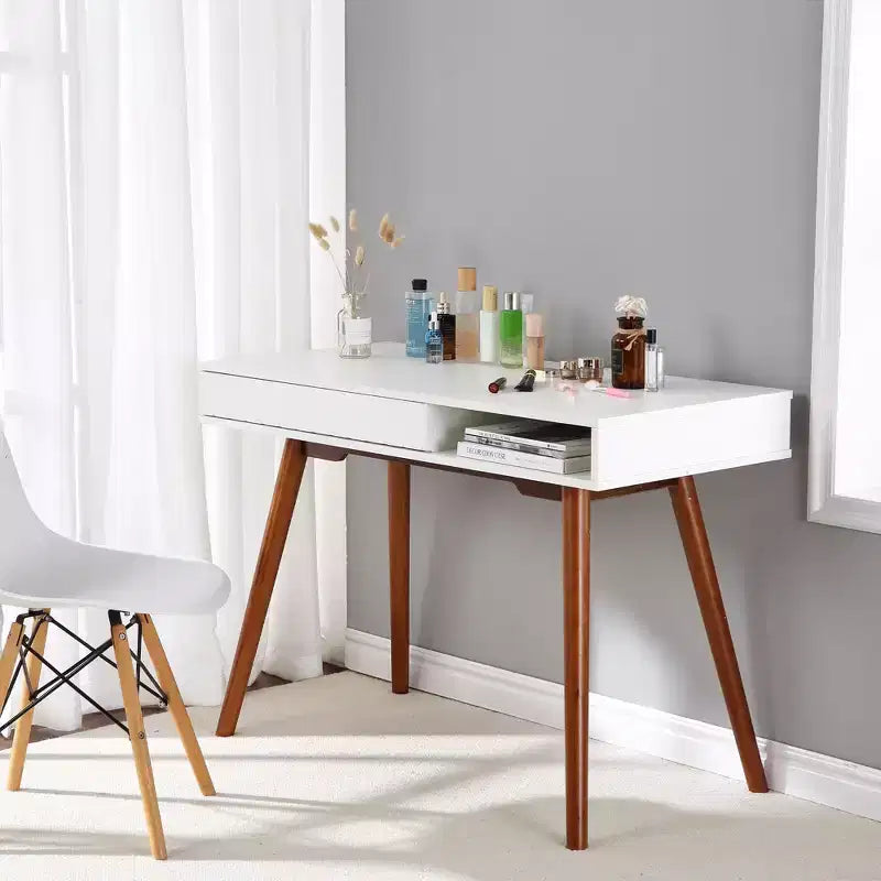 Escritorio para computadora de 43 pulgadas, mesa pequeña para oficina y escritura - escritorio de trabajo moderno y sencillo con cajón y compartimento de almacenamiento abierto, blanco, para dormitorio en casa