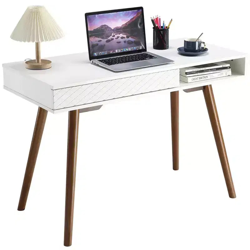 Escritorio para computadora de 43 pulgadas, mesa pequeña para oficina y escritura - escritorio de trabajo moderno y sencillo con cajón y compartimento de almacenamiento abierto, blanco, para dormitorio en casa