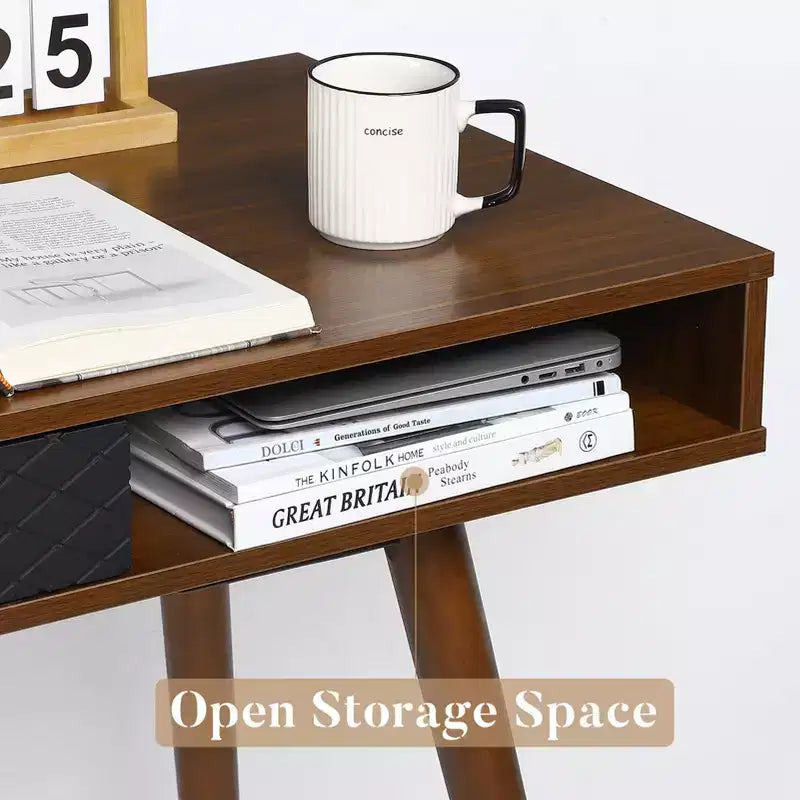 Escritorio para computadora de 43 pulgadas, mesa pequeña para oficina y escritura - escritorio de trabajo moderno y sencillo con cajón y compartimento de almacenamiento abierto, blanco, para dormitorio en casa