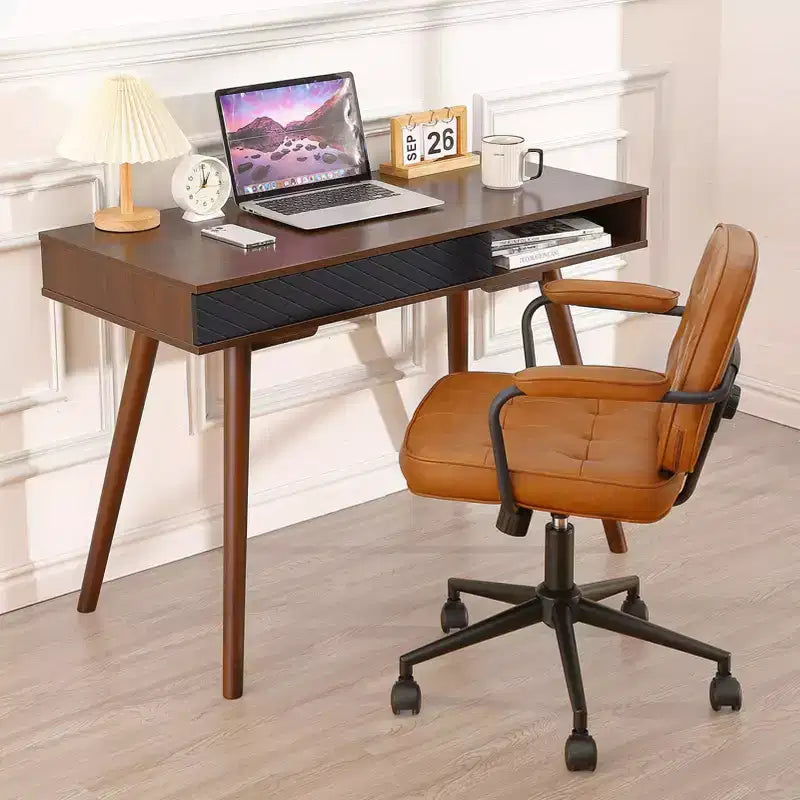 Escritorio para computadora de 43 pulgadas, mesa pequeña para oficina y escritura - escritorio de trabajo moderno y sencillo con cajón y compartimento de almacenamiento abierto, blanco, para dormitorio en casa