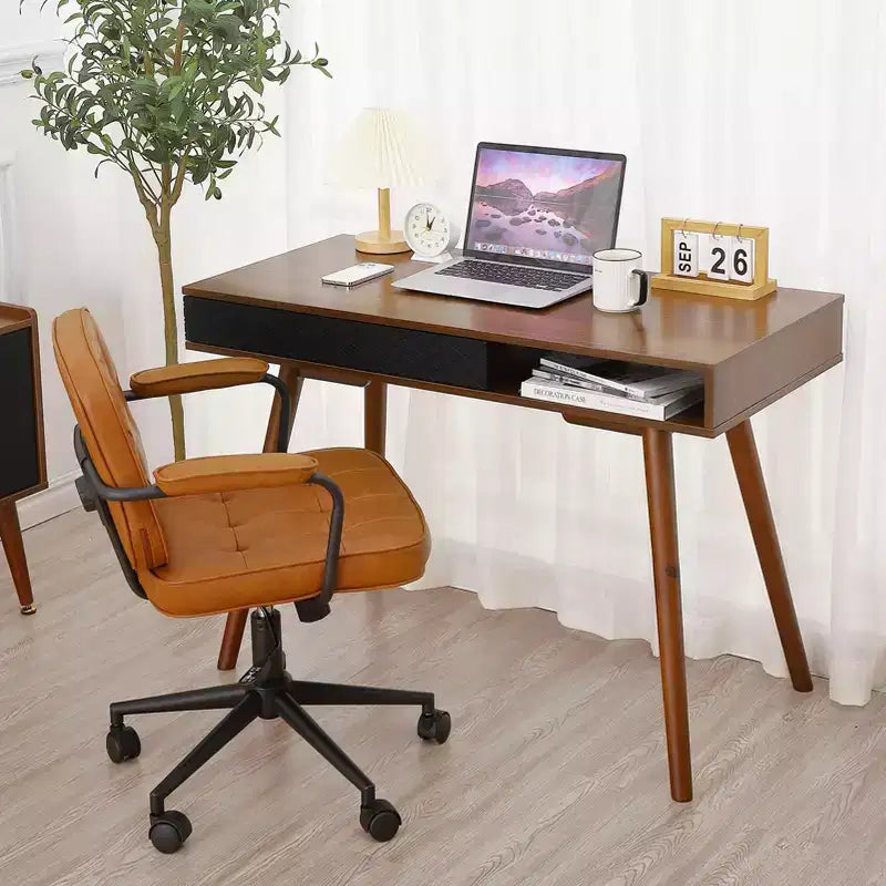 Escritorio para computadora de 43 pulgadas, mesa pequeña para oficina y escritura - escritorio de trabajo moderno y sencillo con cajón y compartimento de almacenamiento abierto, blanco, para dormitorio en casa