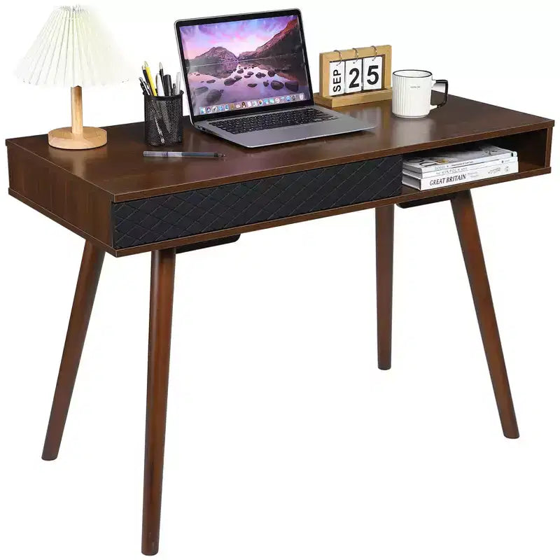Escritorio para computadora de 43 pulgadas, mesa pequeña para oficina y escritura - escritorio de trabajo moderno y sencillo con cajón y compartimento de almacenamiento abierto, blanco, para dormitorio en casa