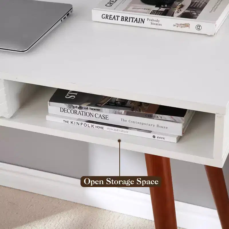 Escritorio para computadora de 43 pulgadas, mesa pequeña para oficina y escritura - escritorio de trabajo moderno y sencillo con cajón y compartimento de almacenamiento abierto, blanco, para dormitorio en casa