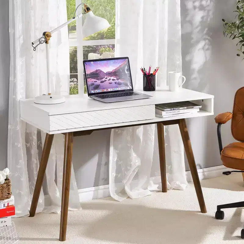 Computerschreibtisch 43 Inch, kleiner Bürotisch - moderner, schlichter Arbeitstisch mit Schublade und offenem Ablagefach, weiß, fürs Zuhause oder Schlafzimmer