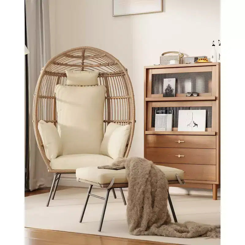 Fauteuil œuf en osier avec repose-pieds, fauteuil lounge panier œuf avec coussin épais, siège confortable en rotin pour l’intérieur et l’extérieur, patio, porche ou jardin