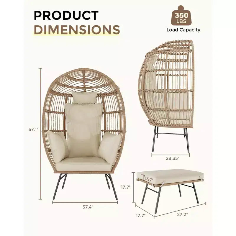 Fauteuil œuf en osier avec repose-pieds, fauteuil lounge panier œuf avec coussin épais, siège confortable en rotin pour l’intérieur et l’extérieur, patio, porche ou jardin