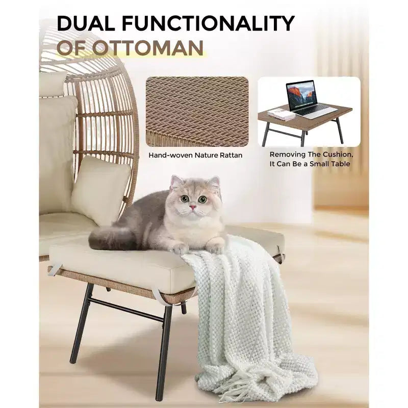 Fauteuil œuf en osier avec repose-pieds, fauteuil lounge panier œuf avec coussin épais, siège confortable en rotin pour l’intérieur et l’extérieur, patio, porche ou jardin