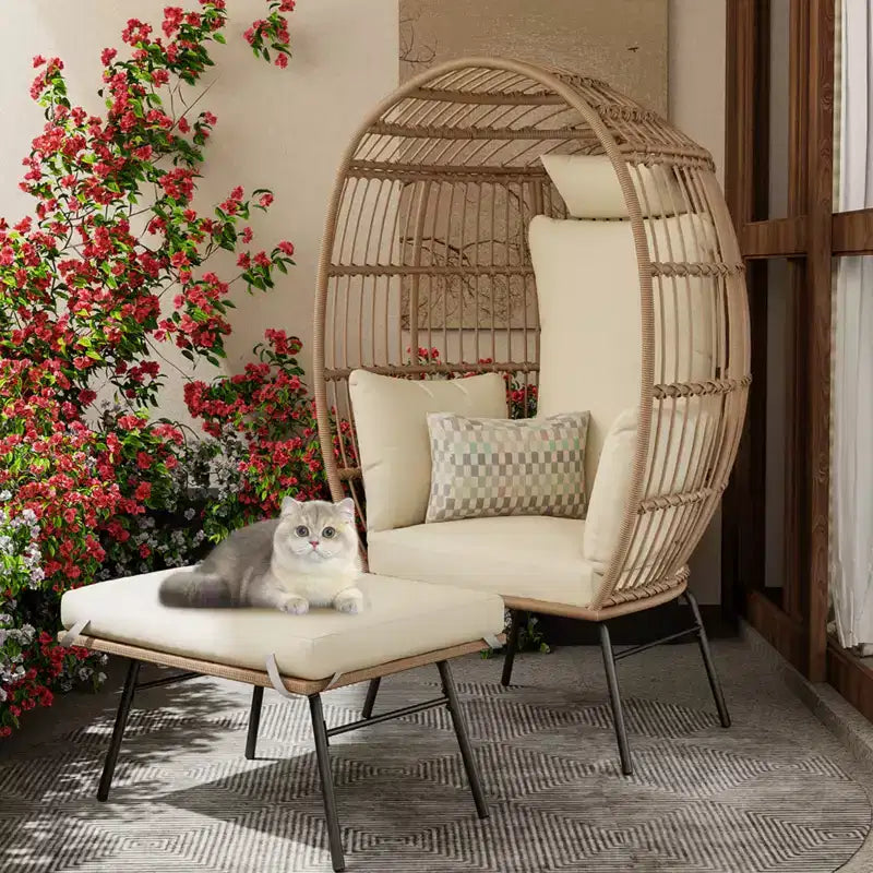Fauteuil œuf en osier avec repose-pieds, fauteuil lounge panier œuf avec coussin épais, siège confortable en rotin pour l’intérieur et l’extérieur, patio, porche ou jardin