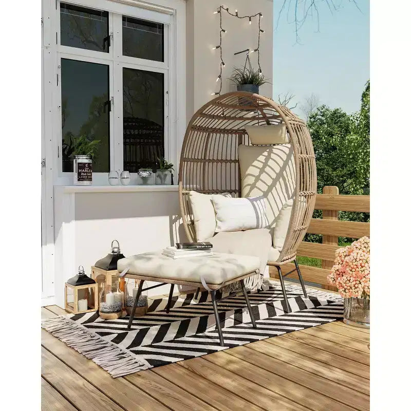 Fauteuil œuf en osier avec repose-pieds, fauteuil lounge panier œuf avec coussin épais, siège confortable en rotin pour l’intérieur et l’extérieur, patio, porche ou jardin