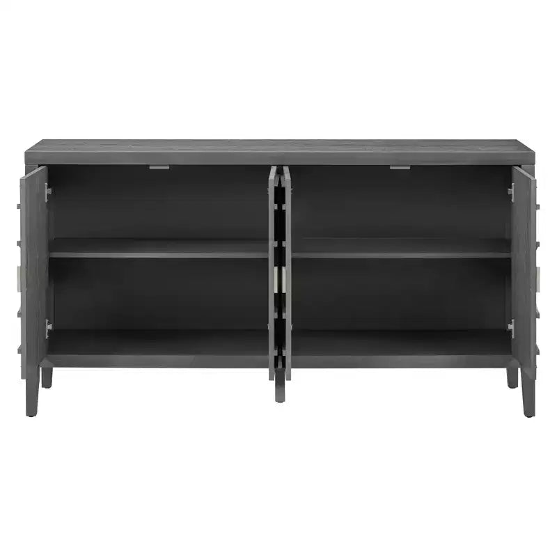 Sideboardtür im Retro-Stil mit kreisförmigem Rillendesign und rundem Metallgriff für Eingangs- oder Essbereich, grau