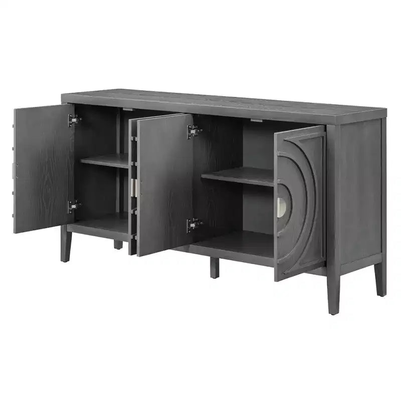 Sideboardtür im Retro-Stil mit kreisförmigem Rillendesign und rundem Metallgriff für Eingangs- oder Essbereich, grau