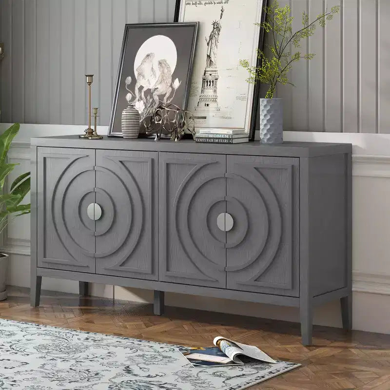 Sideboardtür im Retro-Stil mit kreisförmigem Rillendesign und rundem Metallgriff für Eingangs- oder Essbereich, grau