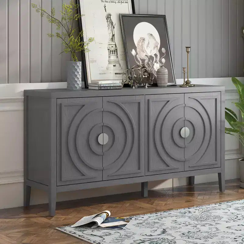 Porte de buffet rétro avec motif de rainures circulaires et poignée ronde en métal, pour entrée ou salle à manger, grise