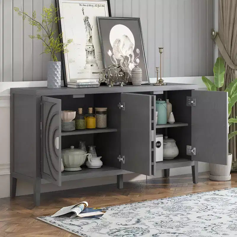 Porte de buffet rétro avec motif de rainures circulaires et poignée ronde en métal, pour entrée ou salle à manger, grise