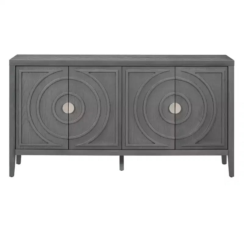 Sideboardtür im Retro-Stil mit kreisförmigem Rillendesign und rundem Metallgriff für Eingangs- oder Essbereich, grau