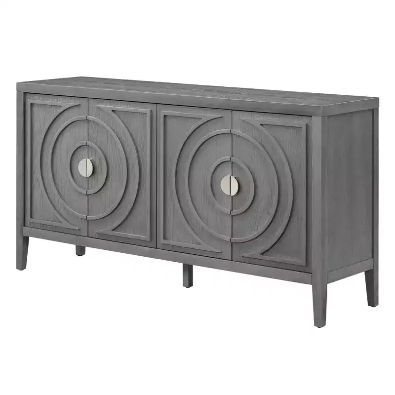 Sideboardtür im Retro-Stil mit kreisförmigem Rillendesign und rundem Metallgriff für Eingangs- oder Essbereich, grau